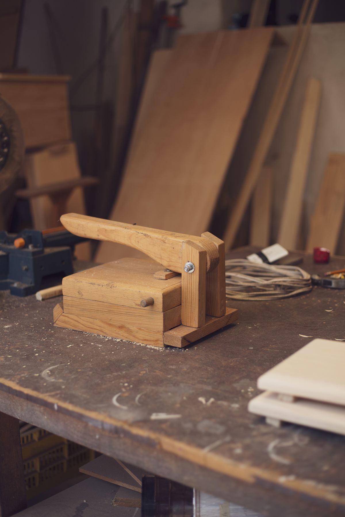 A white oak joinery detail clamped on the bench