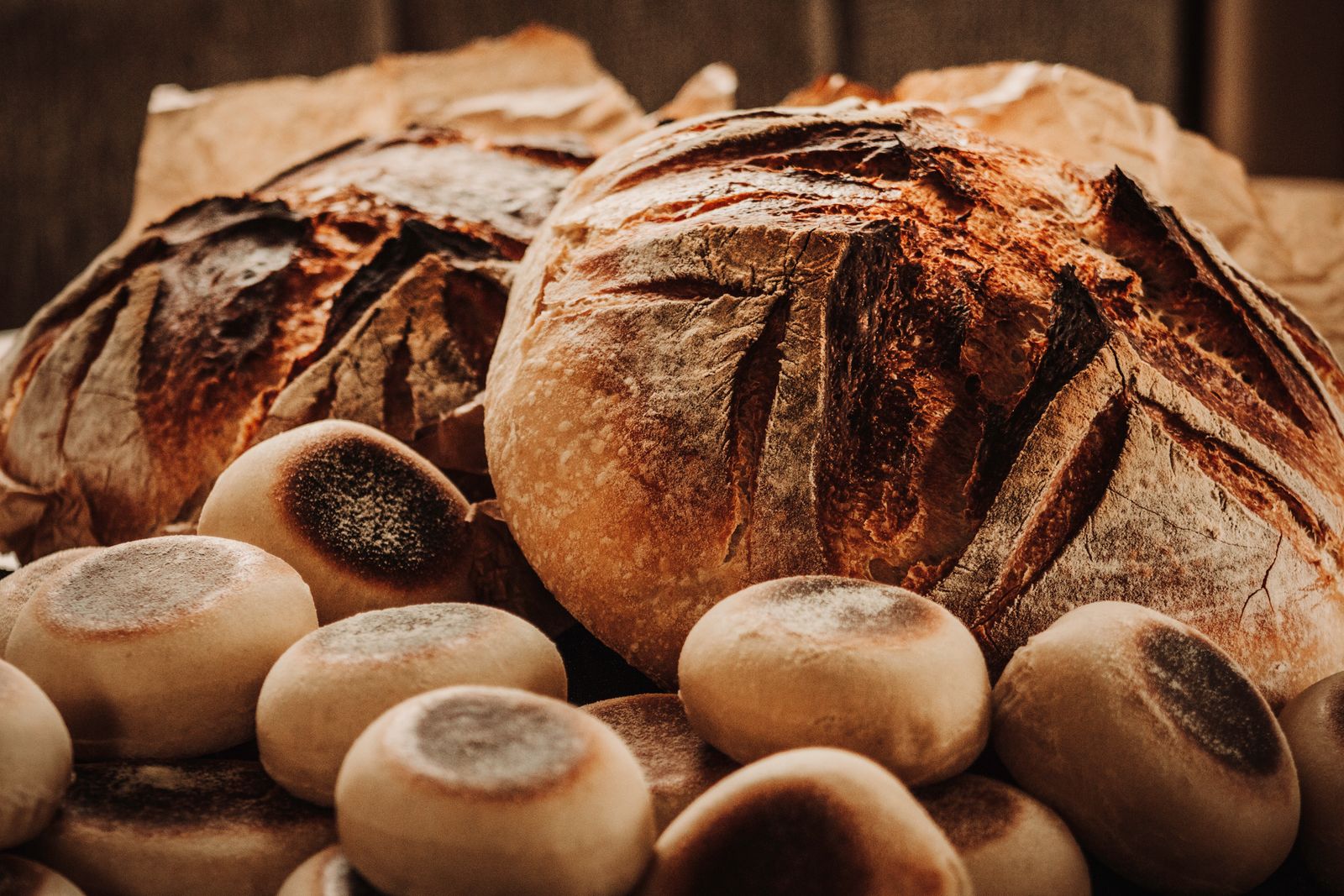 Freshly baked sourdough loaves and rolls cooling on the counter